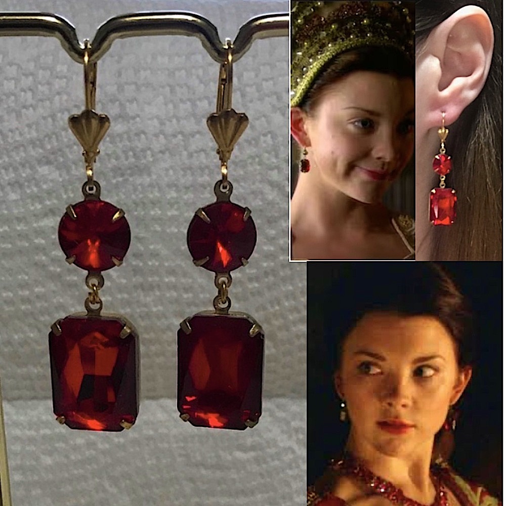Tudors Anne Boleyn Gold & Double Ruby Renaissance Earrings, Handmade Replicas
